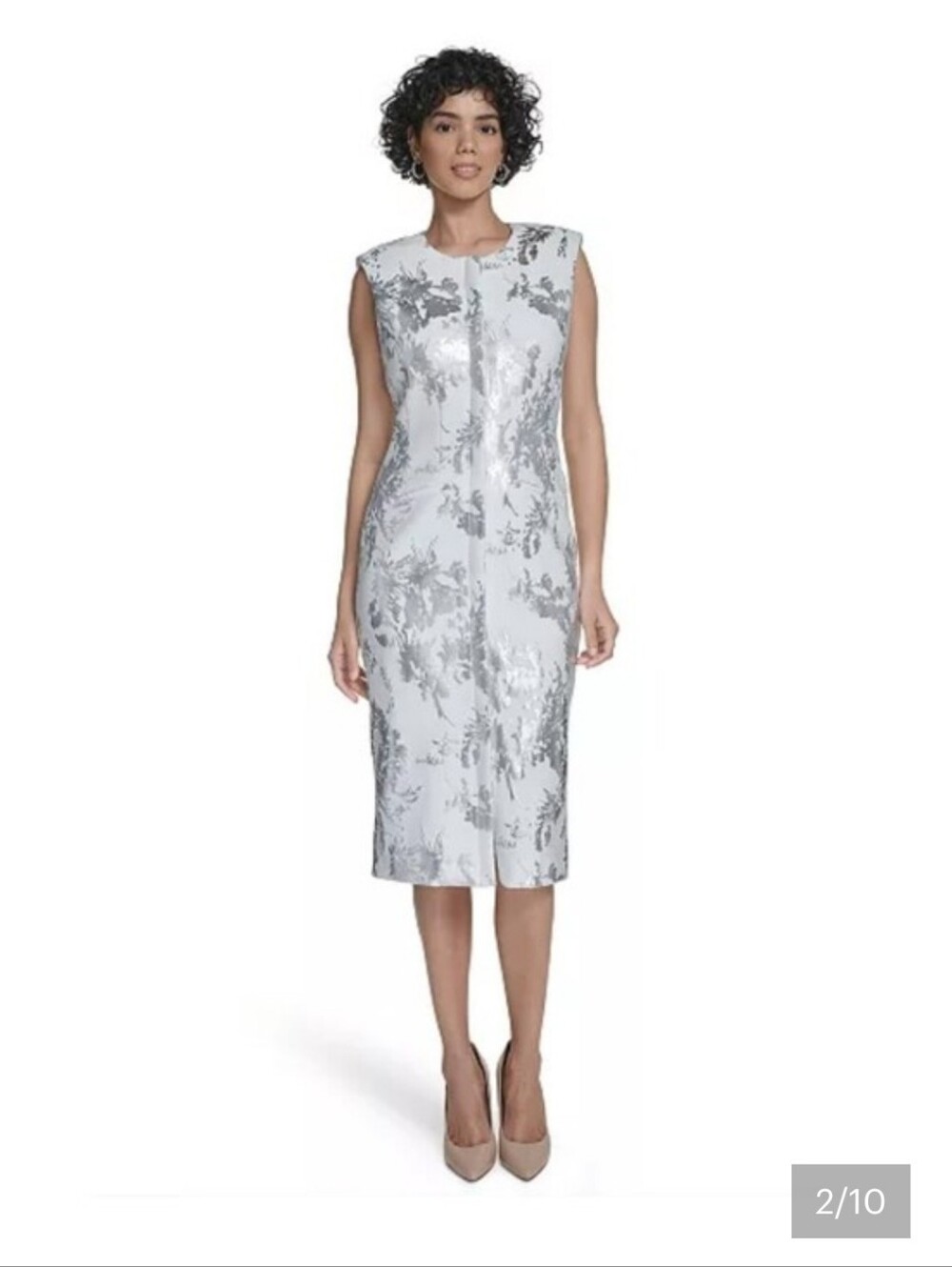 Calvin Klein Dress Womens 8 White Silver Metallic Floral Sheath Midi NWT
